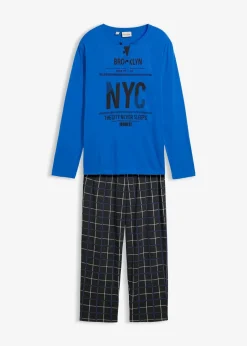 bonprix Pyjamas|Große Größen|Pyjama aus reiner Baumwolle mit Knopfleiste und langen Ärmeln azurblau/schwarz kariert