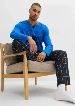 bonprix Pyjamas|Große Größen|Pyjama aus reiner Baumwolle mit Knopfleiste und langen Ärmeln azurblau/schwarz kariert