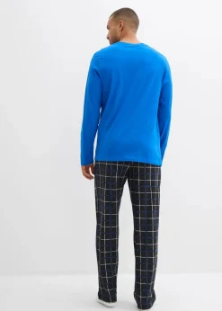 bonprix Pyjamas|Große Größen|Pyjama aus reiner Baumwolle mit Knopfleiste und langen Ärmeln azurblau/schwarz kariert