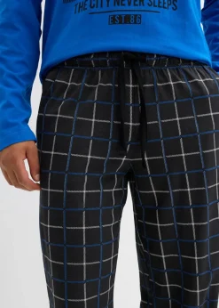 bonprix Pyjamas|Große Größen|Pyjama aus reiner Baumwolle mit Knopfleiste und langen Ärmeln azurblau/schwarz kariert