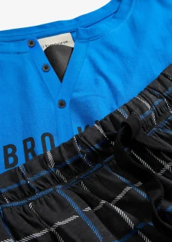 bonprix Pyjamas|Große Größen|Pyjama aus reiner Baumwolle mit Knopfleiste und langen Ärmeln azurblau/schwarz kariert