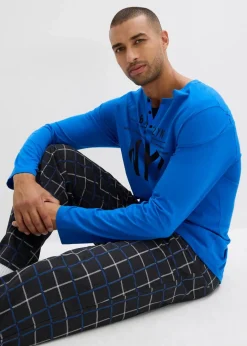 bonprix Pyjamas|Große Größen|Pyjama aus reiner Baumwolle mit Knopfleiste und langen Ärmeln azurblau/schwarz kariert