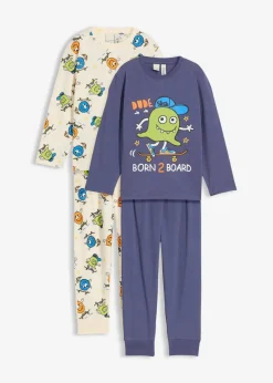 bonprix Jungen·Nachtwäsche|Pyjama aus reiner Bio-Baumwolle (4-tlg.Set) indigo+naturbeige bedruckt