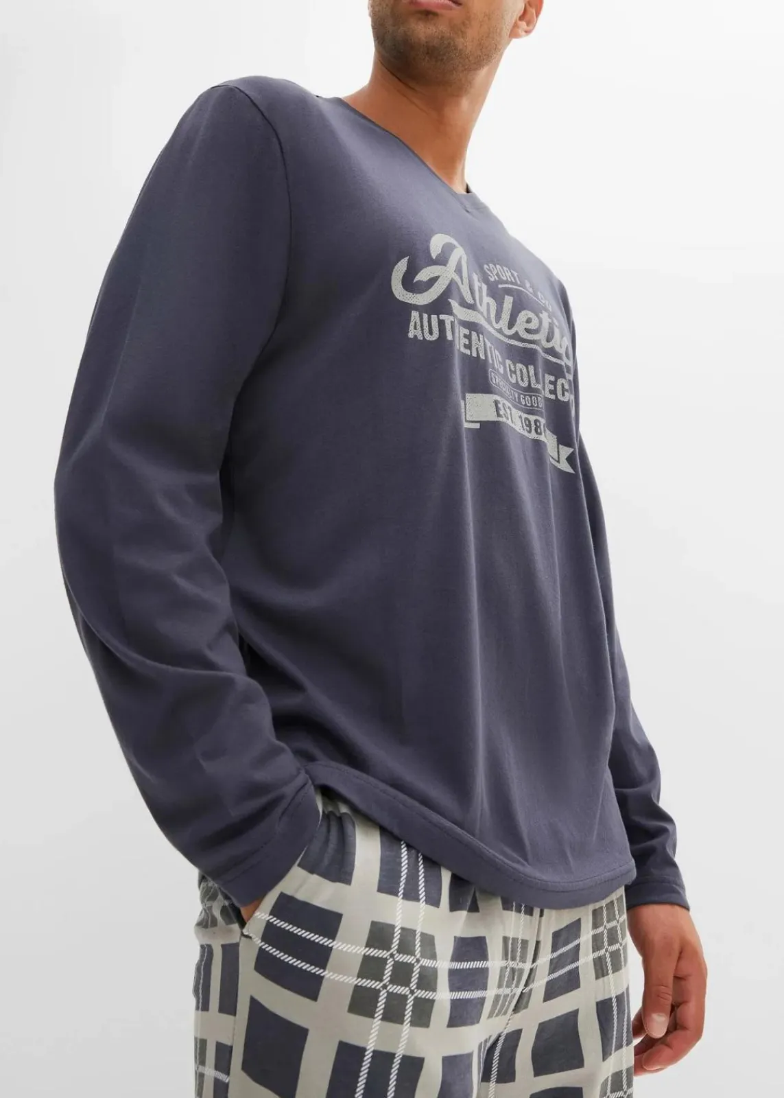 bonprix Pyjamas|Große Größen|Pyjama aus reiner Bio-Baumwolle mit langen Ärmeln nachtblau/grau bedruckt