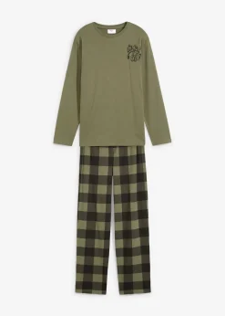 bonprix Jungen·Nachtwäsche|Pyjama aus reiner Bio-Baumwolle (2-tlg. Set) oliv/schwarz kariert