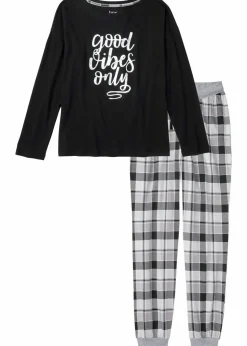 bonprix Nachhaltigere Materialien|Nachtwäsche|Pyjama aus reiner Bio-Baumwolle schwarz/grau kariert