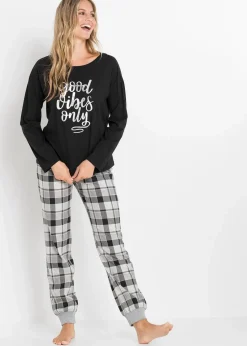 bonprix Nachhaltigere Materialien|Nachtwäsche|Pyjama aus reiner Bio-Baumwolle schwarz/grau kariert