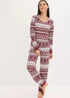 bonprix Nachhaltigere Materialien|Nachtwäsche|Pyjama aus reiner Bio-Baumwolle ahornrot/weiß
