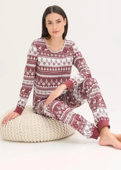 bonprix Nachhaltigere Materialien|Nachtwäsche|Pyjama aus reiner Bio-Baumwolle ahornrot/weiß