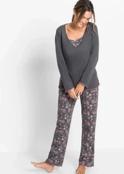 bonprix Wäsche·Nachtwäsche|Nachhaltigere Materialien|Pyjama aus reiner Bio-Baumwolle grau bedruckt