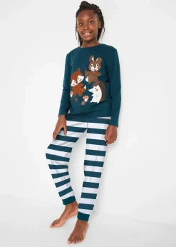 bonprix Jungen·Nachtwäsche|Mädchen·Nachtwäsche|Pyjama aus reiner Bio-Baumwolle (2-tlg. Set) wollweiß/meerestürkis