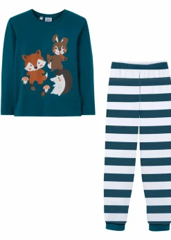 bonprix Jungen·Nachtwäsche|Mädchen·Nachtwäsche|Pyjama aus reiner Bio-Baumwolle (2-tlg. Set) wollweiß/meerestürkis