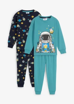 bonprix Jungen·Nachtwäsche|Pyjama aus reiner Bio-Baumwolle (4-tlg. Set) dunkelblau/mattkobalttürkis bedruckt
