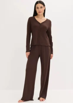 bonprix Wäsche·Nachtwäsche|Nachtwäsche|Pyjama aus Rippe mit Knopfleiste dunkelbraun