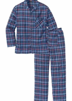 bonprix Pyjamas|Große Größen|Pyjama aus weichem Flanell mit Knopfleiste und langen Ärmeln. blau kariert