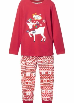 bonprix Mädchen·Nachtwäsche|Pyjama aus weicher Baumwolle (2-tlg. Set) wollweiß/dunkelrot bedruckt