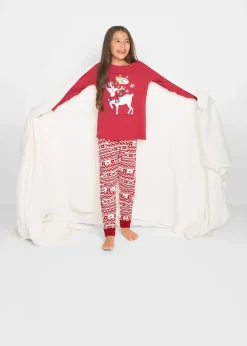 bonprix Mädchen·Nachtwäsche|Pyjama aus weicher Baumwolle (2-tlg. Set) wollweiß/dunkelrot bedruckt