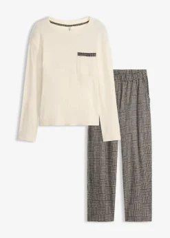 bonprix Wäsche·Nachtwäsche|Nachtwäsche|Pyjama aus weicher Baumwolle naturbeige/schwarz kariert