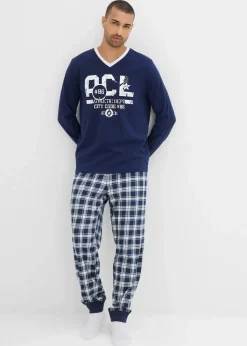 bonprix Wäsche|Große Größen|Pyjama mit Baumwolle und langen Ärmeln dunkelblau/weiß