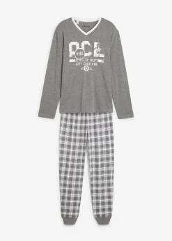 bonprix Pyjamas|Große Größen|Pyjama mit Baumwolle und langen Ärmeln grau meliert/weiß