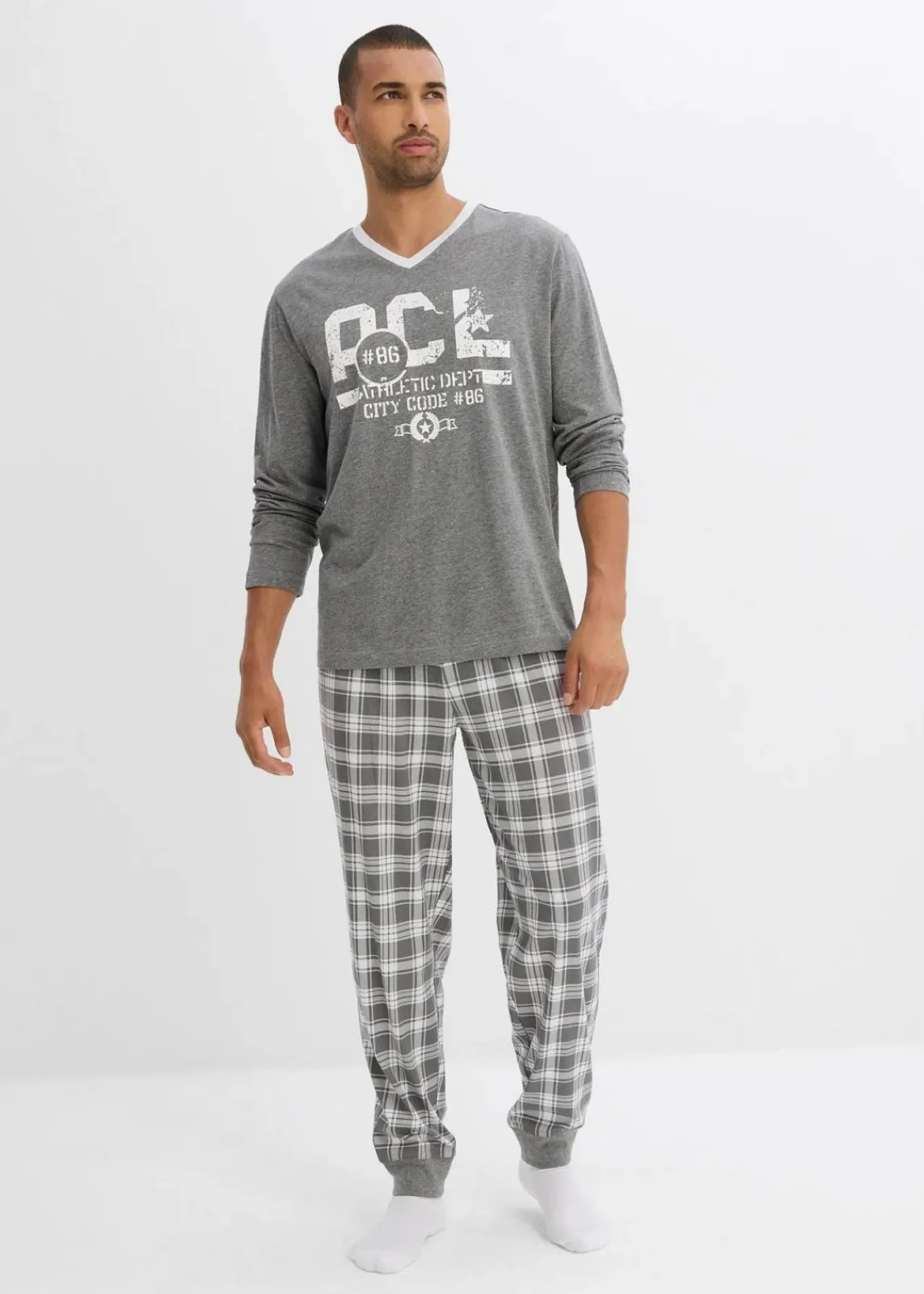 bonprix Pyjamas|Große Größen|Pyjama mit Baumwolle und langen Ärmeln grau meliert/weiß