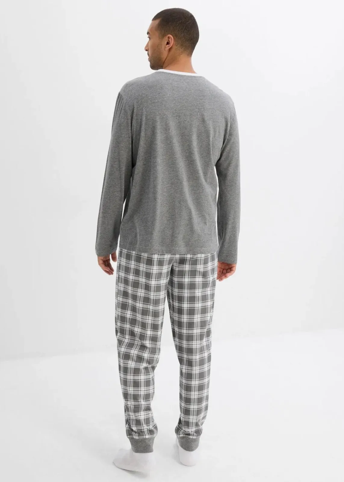 bonprix Pyjamas|Große Größen|Pyjama mit Baumwolle und langen Ärmeln grau meliert/weiß