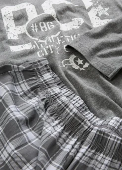 bonprix Pyjamas|Große Größen|Pyjama mit Baumwolle und langen Ärmeln grau meliert/weiß