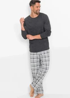 bonprix Pyjamas|Große Größen|Pyjama mit Bio-Baumwolle mit langen Ärmeln anthrazit meliert kariert