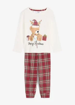 bonprix Jungen·Nachtwäsche|Mädchen·Nachtwäsche|Pyjama mit Bio-Baumwolle (2-tlg. Set) wollweiß/abendrot bedruckt