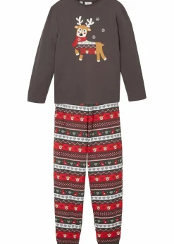 bonprix Jungen·Nachtwäsche|Mädchen·Nachtwäsche|Pyjama mit Bio-Baumwolle (2-tlg. Set) grau/rot/weiß gemustert