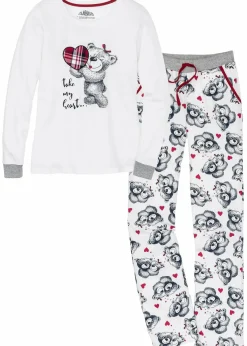 bonprix Wäsche·Nachtwäsche|Nachhaltigere Materialien|Pyjama mit Flanellapplikation wollweiß/ dunkelblau bedruckt