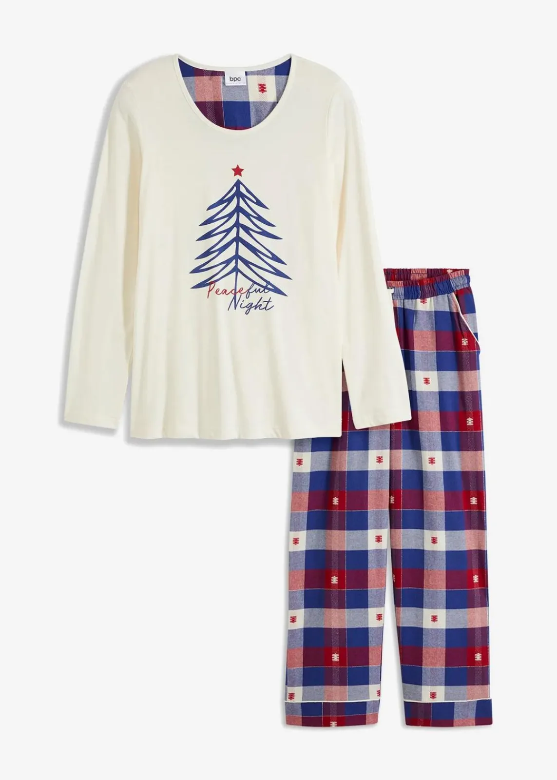 bonprix Wäsche·Nachtwäsche|Nachtwäsche|Pyjama mit Flanellhose naturbeige/dunkelrot kariert