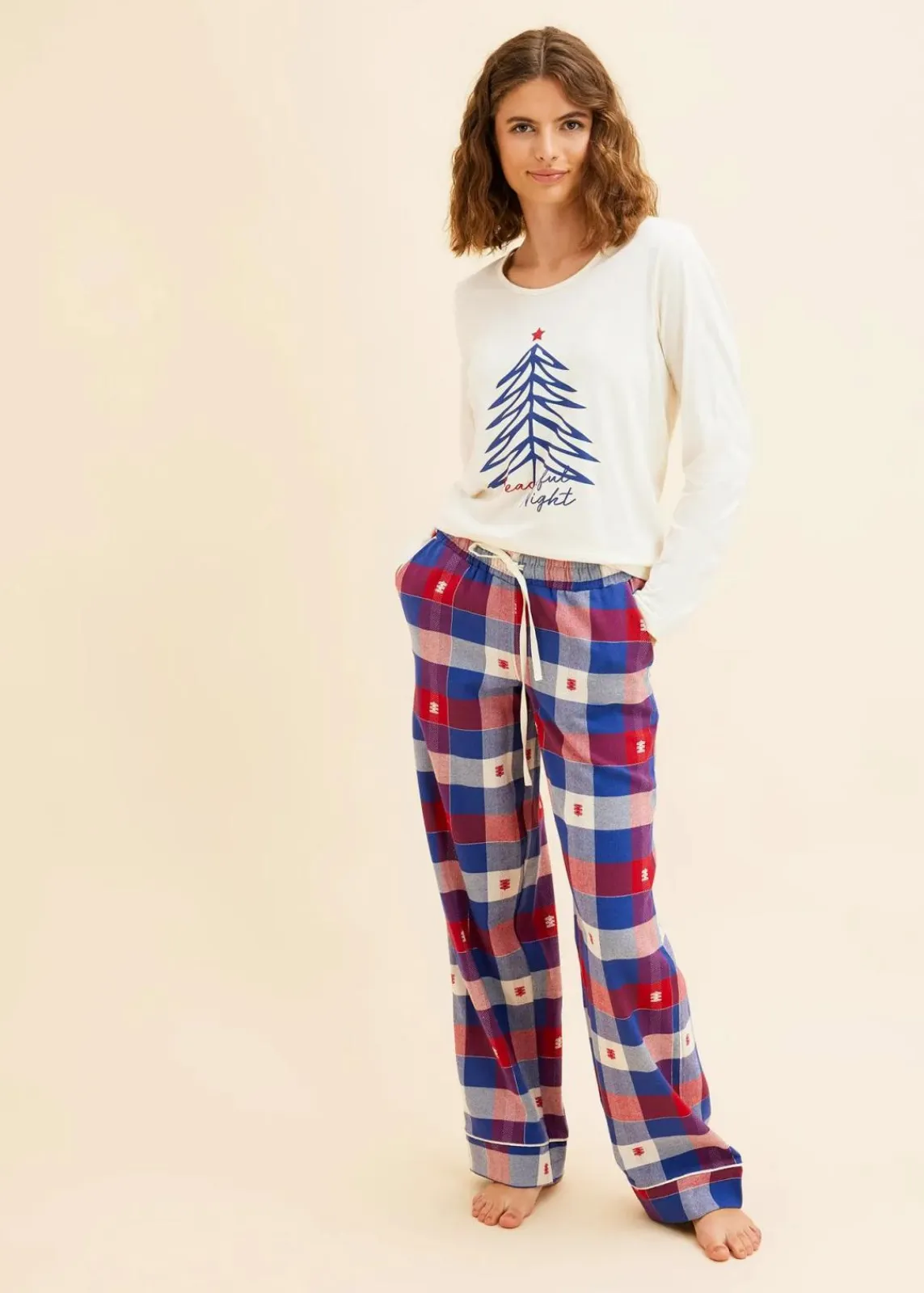 bonprix Wäsche·Nachtwäsche|Nachtwäsche|Pyjama mit Flanellhose naturbeige/dunkelrot kariert