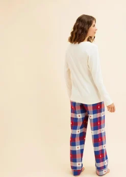 bonprix Wäsche·Nachtwäsche|Nachtwäsche|Pyjama mit Flanellhose naturbeige/dunkelrot kariert
