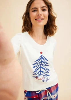 bonprix Wäsche·Nachtwäsche|Nachtwäsche|Pyjama mit Flanellhose naturbeige/dunkelrot kariert