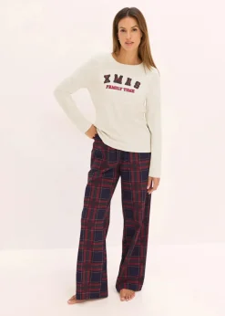 bonprix Wäsche·Nachtwäsche|Nachtwäsche|Pyjama mit Flanellhose und Geschenktasche naturmeliert/dunkelblau