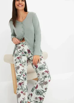 bonprix Wäsche·Nachtwäsche|Nachtwäsche|Pyjama mit Knopfleiste graugrün/naturmeliert geblümt