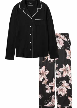 bonprix Wäsche·Nachtwäsche|Nachtwäsche|Pyjama mit Knopfleiste schwarz geblümt