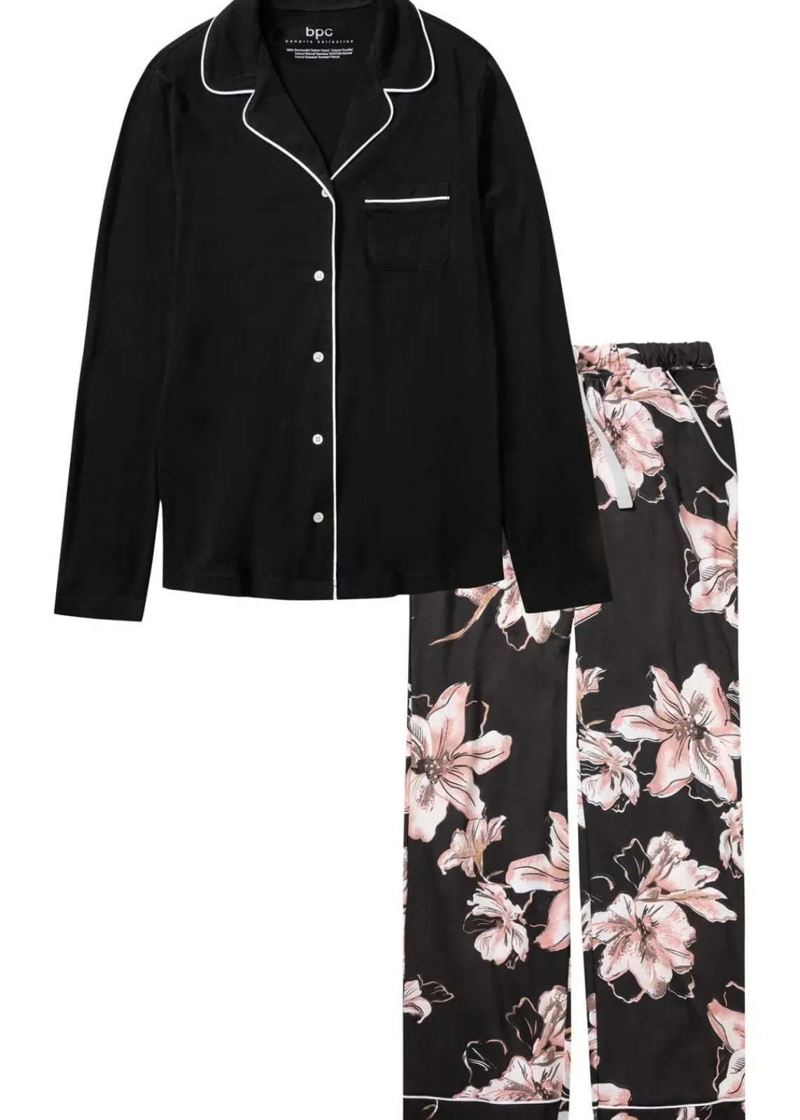 bonprix Wäsche·Nachtwäsche|Nachtwäsche|Pyjama mit Knopfleiste schwarz geblümt