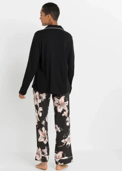 bonprix Wäsche·Nachtwäsche|Nachtwäsche|Pyjama mit Knopfleiste schwarz geblümt