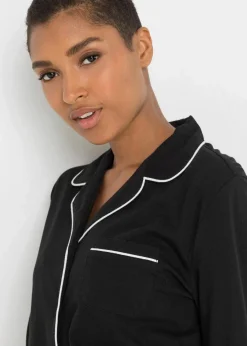 bonprix Wäsche·Nachtwäsche|Nachtwäsche|Pyjama mit Knopfleiste schwarz geblümt