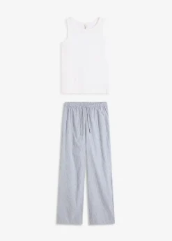 bonprix Wäsche·Nachtwäsche|Nachtwäsche|Pyjama mit Ripp Top und gewebter Hose weiß/jeansblau gestreift