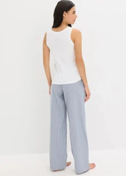 bonprix Wäsche·Nachtwäsche|Nachtwäsche|Pyjama mit Ripp Top und gewebter Hose weiß/jeansblau gestreift
