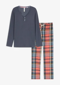 bonprix Wäsche·Nachtwäsche|Nachtwäsche|Pyjama mit Rippshirt und Flanellhose aus Glitzergarn nachtblau/rhabarber kariert