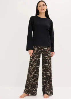 bonprix Wäsche·Nachtwäsche|Nachtwäsche|Pyjama mit Rippshirt und weiter Hose leo bedruckt
