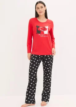 bonprix Wäsche·Nachtwäsche|Nachhaltigere Materialien|Pyjama mit Schlafmaske salsarot/schwarz bedruckt