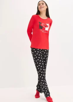 bonprix Wäsche·Nachtwäsche|Nachhaltigere Materialien|Pyjama mit Schlafmaske salsarot/schwarz bedruckt