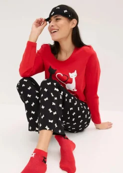bonprix Wäsche·Nachtwäsche|Nachhaltigere Materialien|Pyjama mit Schlafmaske salsarot/schwarz bedruckt