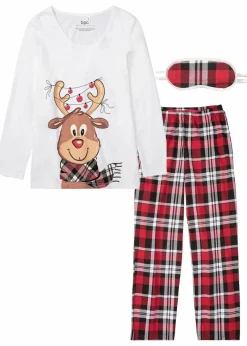 bonprix Wäsche·Nachtwäsche|Nachhaltigere Materialien|Pyjama mit Schlafmaske wollweiß kariert
