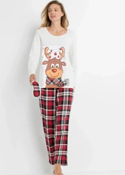 bonprix Wäsche·Nachtwäsche|Nachhaltigere Materialien|Pyjama mit Schlafmaske wollweiß kariert
